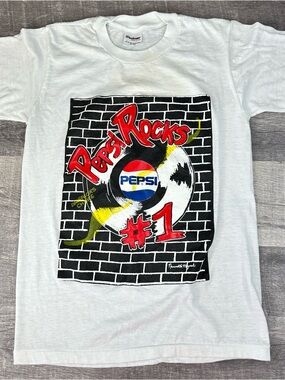 VTG 1980's Pepsi Rocks #1 Youth T Shirt Stedman USA Promo Graphic White 50/50 L